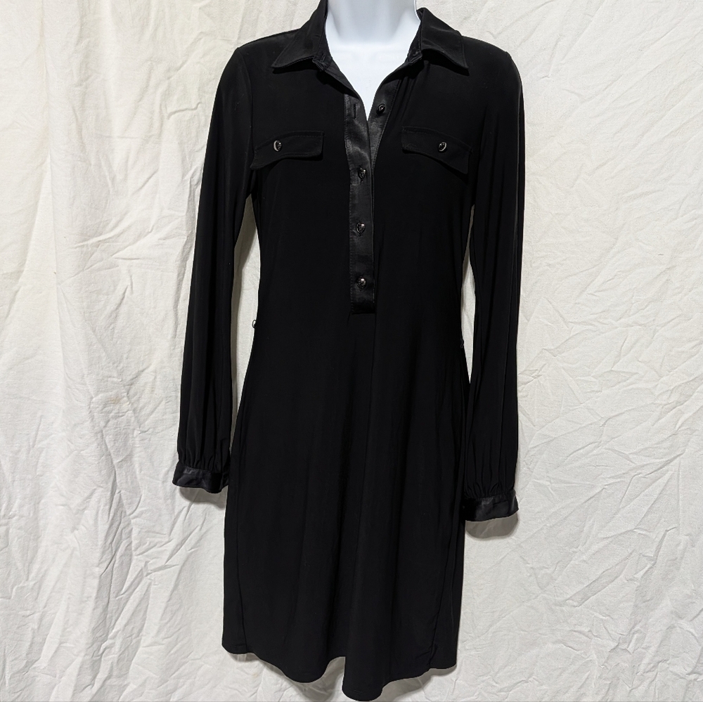 White House Black Market Black Long-Sleeve Shirt Dress with Satin Trim